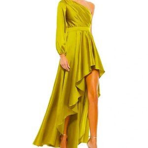 Ieena for Mac Duggal One Shoulder A-Line Long Sleeve High Chartreuse Satin Dress